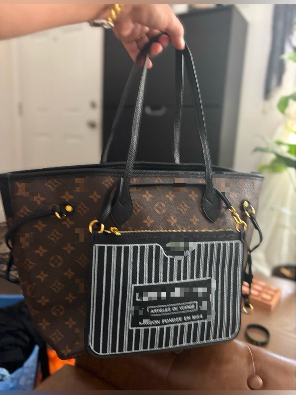 Brown Monogram Tote with Striped Detachable Pouch